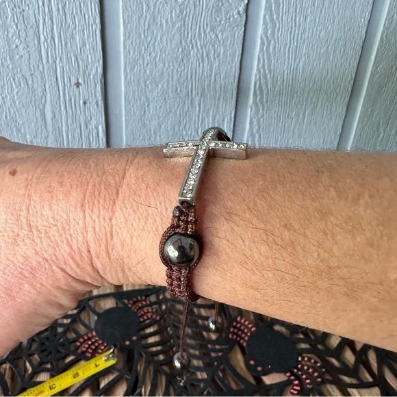 Cross Bracelet Crystals Brown String Adjustable Religious Jesus Christian - Picture 8 of 9